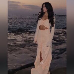 Cut out Peach Long Sleeve maxi Dress